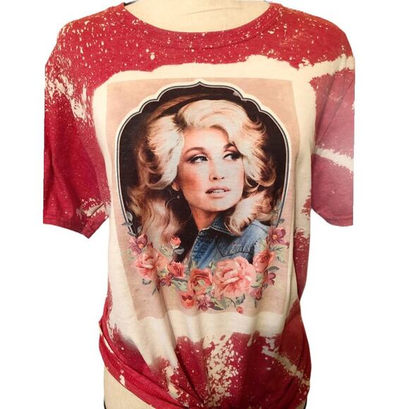 Dolly Parton Handmade Bleach Dye Floral Graphic Tee Size Small - Picture 2 of 5